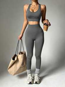 Dewbera Dewbera Women's Solid Color Cropped Tank Top And Leggings Sports Set - Grey - View 6