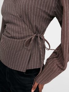 ATUI Studio Fall/Winter Elegant Casual Halloween Christmas Party Business Cowgirl Women's Brown All-Cotton Striped Pleated Tie-Front Long Sleeve Blouse Office - Brown - View 4