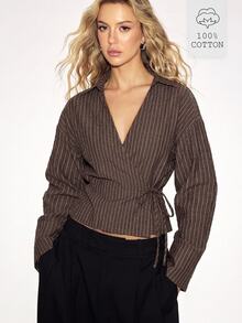 ATUI Studio Fall/Winter Elegant Casual Halloween Christmas Party Business Cowgirl Women's Brown All-Cotton Striped Pleated Tie-Front Long Sleeve Blouse Office - Brown - View 1