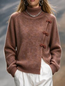 Omancia 女款素色高領休閒百搭日常穿著長袖針織衫 - 咖啡棕 - 查看 5
