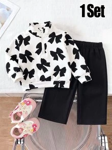 Baby Girl 1 Set Half-Zip Stand Collar Bow & Floral Sweatshirt + Heart Wide Leg Sweatpants Casual Sporty Style Spring/Autumn - Multicolor - View 3