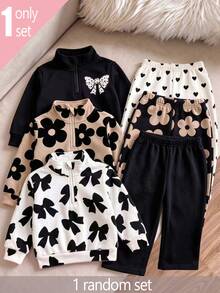 Baby Girl 1 Set Half-Zip Stand Collar Bow & Floral Sweatshirt + Heart Wide Leg Sweatpants Casual Sporty Style Spring/Autumn - Multicolor - View 1