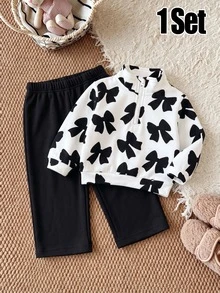 Baby Girl 1 Set Half-Zip Stand Collar Bow & Floral Sweatshirt + Heart Wide Leg Sweatpants Casual Sporty Style Spring/Autumn - Multicolor - View 5