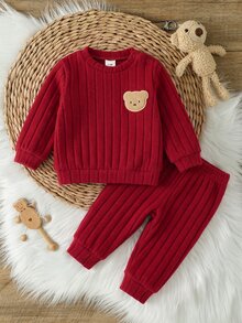 SHEIN Newborn Brushed Ribbed Texture Fabric Shoulder Snap Button Decorated Embroidered Bear Pattern Pullover Top And Tapered Leg Versatile Long Pants Set Suitable For Winter Christmas - Burgundy - View 3