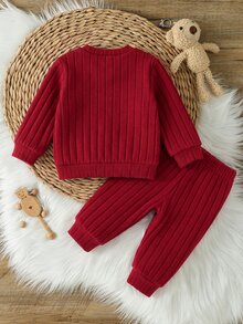 SHEIN Newborn Brushed Ribbed Texture Fabric Shoulder Snap Button Decorated Embroidered Bear Pattern Pullover Top And Tapered Leg Versatile Long Pants Set Suitable For Winter Christmas - Burgundy - View 2