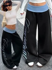 Muchica Women's Street Letter Print Colorblock Loose Long Pants - Multicolor - View 1