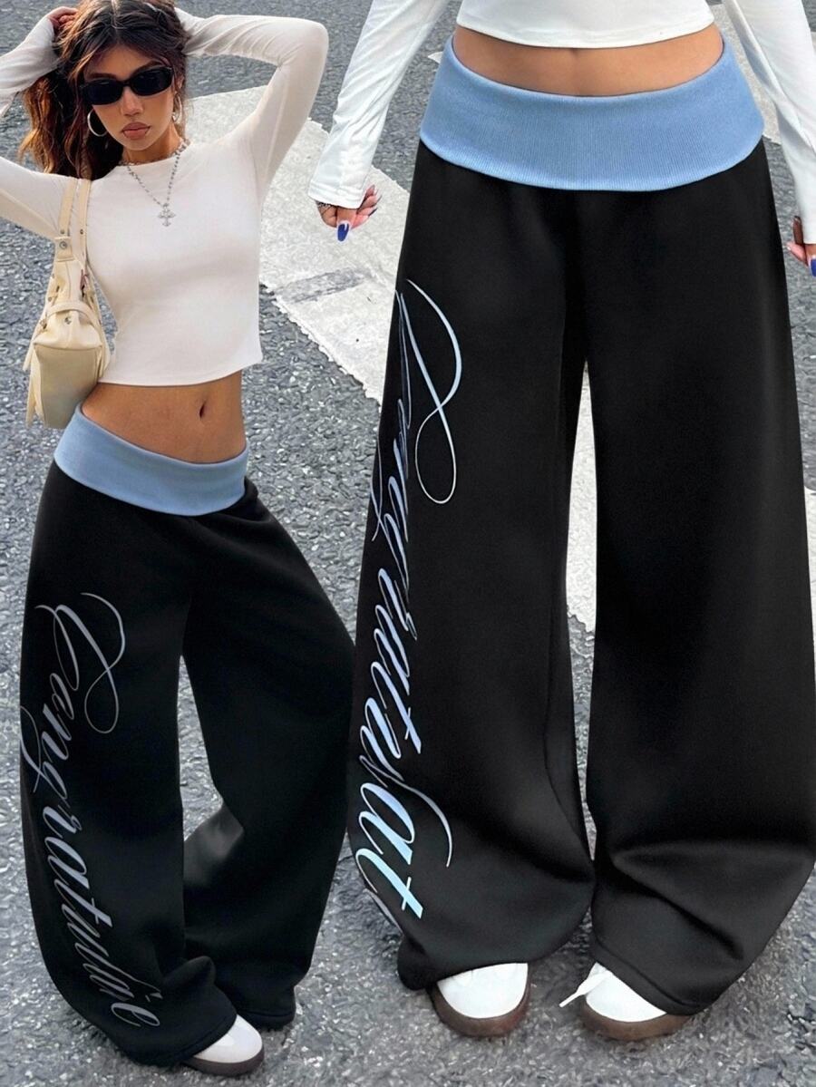 Muchica Women's Street Letter Print Colorblock Loose Long Pants - Multicolor - View 1