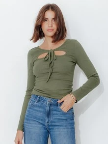 Pimkie Edition Women's Solid Color Front Tie Long Sleeve Cutout Design Casual T-Shirt - Army Green - View 1