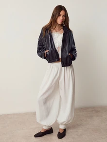 Willow Rêve Women's Solid Color PU Leather Raglan Sleeve Zip-Up Hooded Jacket - Brown - View 3