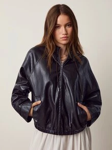 Willow Rêve Women's Solid Color PU Leather Raglan Sleeve Zip-Up Hooded Jacket - Brown - View 5