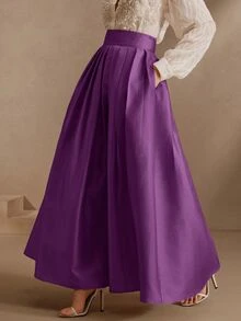 Anewsta Essential Fall/Winter Elegant Skirt, High Waist Elegant Formal Purple Puff Skirt Skirt, Vintage Style Wedding Restaurant Dinner Party Wedding Guest - Violet Purple - View 3