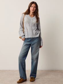 Willow Rêve Women's Grey V-Neck Jacquard Pullover Sweater - Grey - View 4