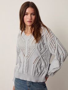 Willow Rêve Women's Grey V-Neck Jacquard Pullover Sweater - Grey - View 7