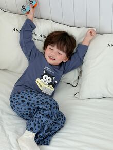 Dazy Kids Young Boys Cat Print Long Sleeve Top And Polka Dot Print Long Pants Loungewear Set - Blue - View 2