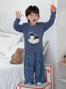 Dazy Kids Young Boys Cat Print Long Sleeve Top And Polka Dot Print Long Pants Loungewear Set - Blue - View 11