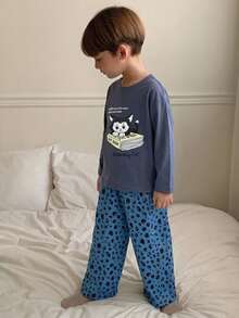 Dazy Kids Young Boys Cat Print Long Sleeve Top And Polka Dot Print Long Pants Loungewear Set - Blue - View 7