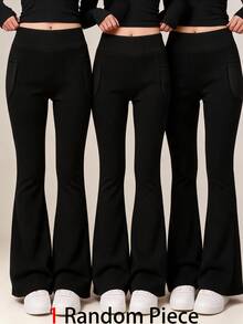 SHEIN Girlism 青少年女孩黑色高腰緊身高彈力休閒瑜伽多功能喇叭褲附口袋，運動長褲隨機單品 - 黑色 - 查看 7
