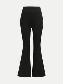 SHEIN Girlism 青少年女孩黑色高腰緊身高彈力休閒瑜伽多功能喇叭褲附口袋，運動長褲隨機單品 - 黑色 - 查看 3