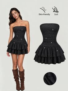 Sweetra New Summer Shiny Fabric Elegant Commuting Everyday Cake Ruffle Strapless Waisted Slim Mini Dress - Black - View 3