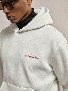 AKNOTIC Business Casual 男士寬鬆版型字母刺繡灰色針織休閒連帽衛衣，復古淺灰色長袖連帽衫，寬大 Y2K 街頭風，適合秋冬、學校、父親節禮物、足球、假日穿著 - 淺灰色 - 查看 2