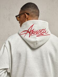 AKNOTIC Business Casual 男士寬鬆版型字母刺繡灰色針織休閒連帽衛衣，復古淺灰色長袖連帽衫，寬大 Y2K 街頭風，適合秋冬、學校、父親節禮物、足球、假日穿著 - 淺灰色 - 查看 3