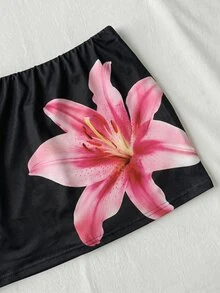 SHEIN 青少年女孩白色花卉印花休閒裙，附內建內搭褲，隨機款式 - 黑色 - 查看 4