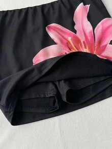 SHEIN 青少年女孩白色花卉印花休閒裙，附內建內搭褲，隨機款式 - 黑色 - 查看 3