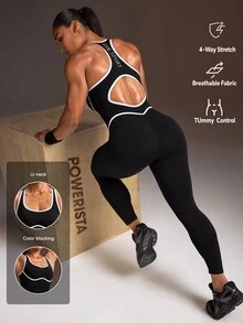 Powerista 女款春夏健身運動服 白色字母印花 黑白拼色露背緊身無縫透氣長版連身褲 - 黑色 - 查看 1
