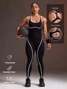 Powerista 女款春夏健身運動服 白色字母印花 黑白拼色露背緊身無縫透氣長版連身褲 - 黑色 - 查看 2