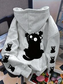 青少年女孩秋季穿搭 極簡清新黑貓圖案衛衣，可愛舒適秋冬風格 - 淺灰色 - 查看 1