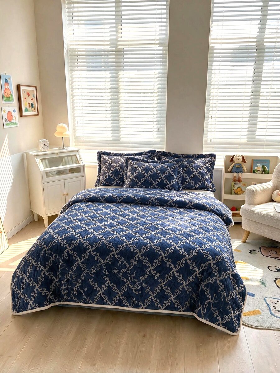 Velvet Luxury "Bedspread" Set Made In Turkey With Soft Touch Good Quality 195*235 With Pillowcase - Navy Blue - View 1