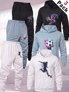 SHEIN 6件組兒童青少年男孩休閒日常百搭舒適運動足球圖案連帽衛衣與寬鬆慢跑褲針織兩件套，藍色套裝、白色套裝、黑色套裝，抓絨內裡加厚衛衣套裝 - 彩色 - 查看 5