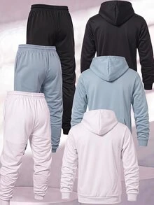SHEIN 6件組兒童青少年男孩休閒日常百搭舒適運動足球圖案連帽衛衣與寬鬆慢跑褲針織兩件套，藍色套裝、白色套裝、黑色套裝，抓絨內裡加厚衛衣套裝 - 彩色 - 查看 4