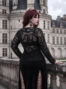 Whyspr Plus Size Early Autumn Punk Flocked Snake Print Sheer Long Sleeve T-Shirt - Black - View 2