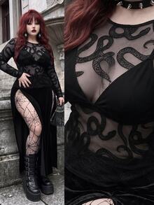 Whyspr Plus Size Early Autumn Punk Flocked Snake Print Sheer Long Sleeve T-Shirt - Black - View 1