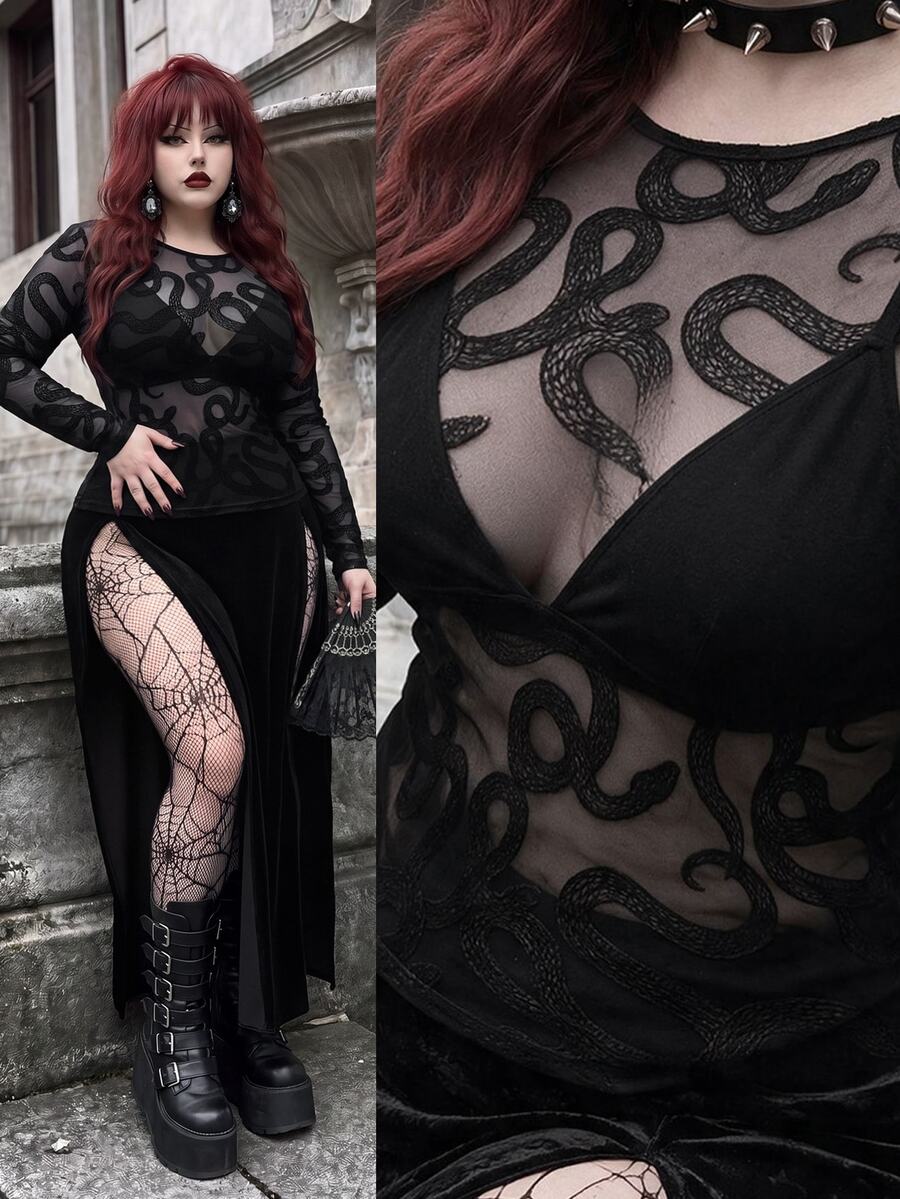 Whyspr Plus Size Early Autumn Punk Flocked Snake Print Sheer Long Sleeve T-Shirt - Black - View 1