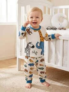 SHEIN Baby Boy Cartoon Animal Print Long Sleeve Crew Neck Top And Pants Loungewear Set - Multicolor - View 9