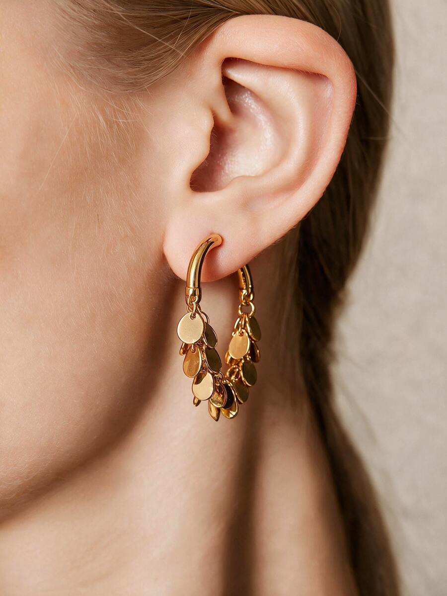 1 Pair Color-Preserving Electroplated Premium Metal Sequin Tassel Earrings, Women's Bohemian Style Ear Dangle With Chain Design
