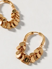 1 Pair Color-Preserving Electroplated Premium Metal Sequin Tassel Earrings, Women's Bohemian Style Ear Dangle With Chain Design - Gold - View 6