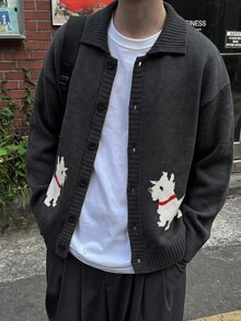 Manfinity Hypemode Winter Men's Cartoon Dog Long Sleeve Single-Breasted Knit Cardigan Attending The Christmas Party Wearing The Same Outfit For Both Men And Women. - Black - View 3