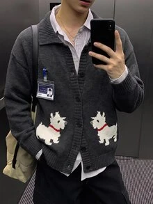 Manfinity Hypemode Winter Men's Cartoon Dog Long Sleeve Single-Breasted Knit Cardigan Attending The Christmas Party Wearing The Same Outfit For Both Men And Women. - Black - View 1