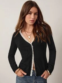 Willow Rêve Women's Elastic Lace Patchwork V-Neck Contrast Color Black Sweater Cardigan - Black and White - View 7