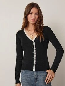 Willow Rêve Women's Elastic Lace Patchwork V-Neck Contrast Color Black Sweater Cardigan - Black and White - View 3