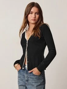 Willow Rêve Women's Elastic Lace Patchwork V-Neck Contrast Color Black Sweater Cardigan - Black and White - View 6