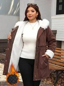 SHEIN CURVE+ Women's Plus Size Zipper Faux Fur Patchwork Hooded Jacket - Brown - View 1