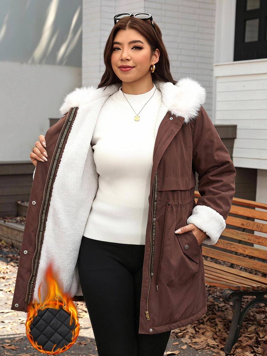 SHEIN CURVE+ Women's Plus Size Zipper Faux Fur Patchwork Hooded Jacket - Brown - View 1