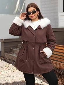 SHEIN CURVE+ Women's Plus Size Zipper Faux Fur Patchwork Hooded Jacket - Brown - View 6