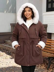 SHEIN CURVE+ Women's Plus Size Zipper Faux Fur Patchwork Hooded Jacket - Brown - View 2