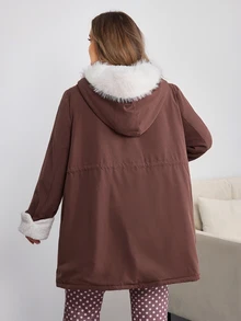 SHEIN CURVE+ Women's Plus Size Zipper Faux Fur Patchwork Hooded Jacket - Brown - View 5