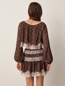 Willow Rêve طقم بلوزة نسائية بأكمام طويلة مع تنورة قصيرة بتصميم دانتيل زهري بني مرقع - بني - مشاهدة 2
